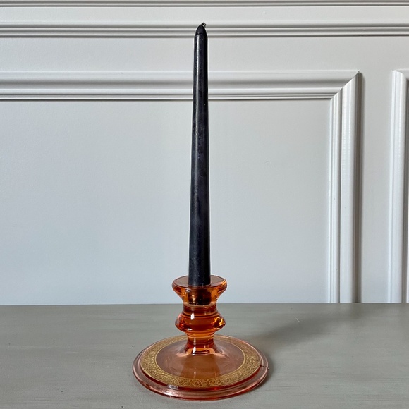 VINTAGE Gorgeous Depression Era Sandwich Glass Candle Holder Gold Paint Accent - Picture 1 of 9